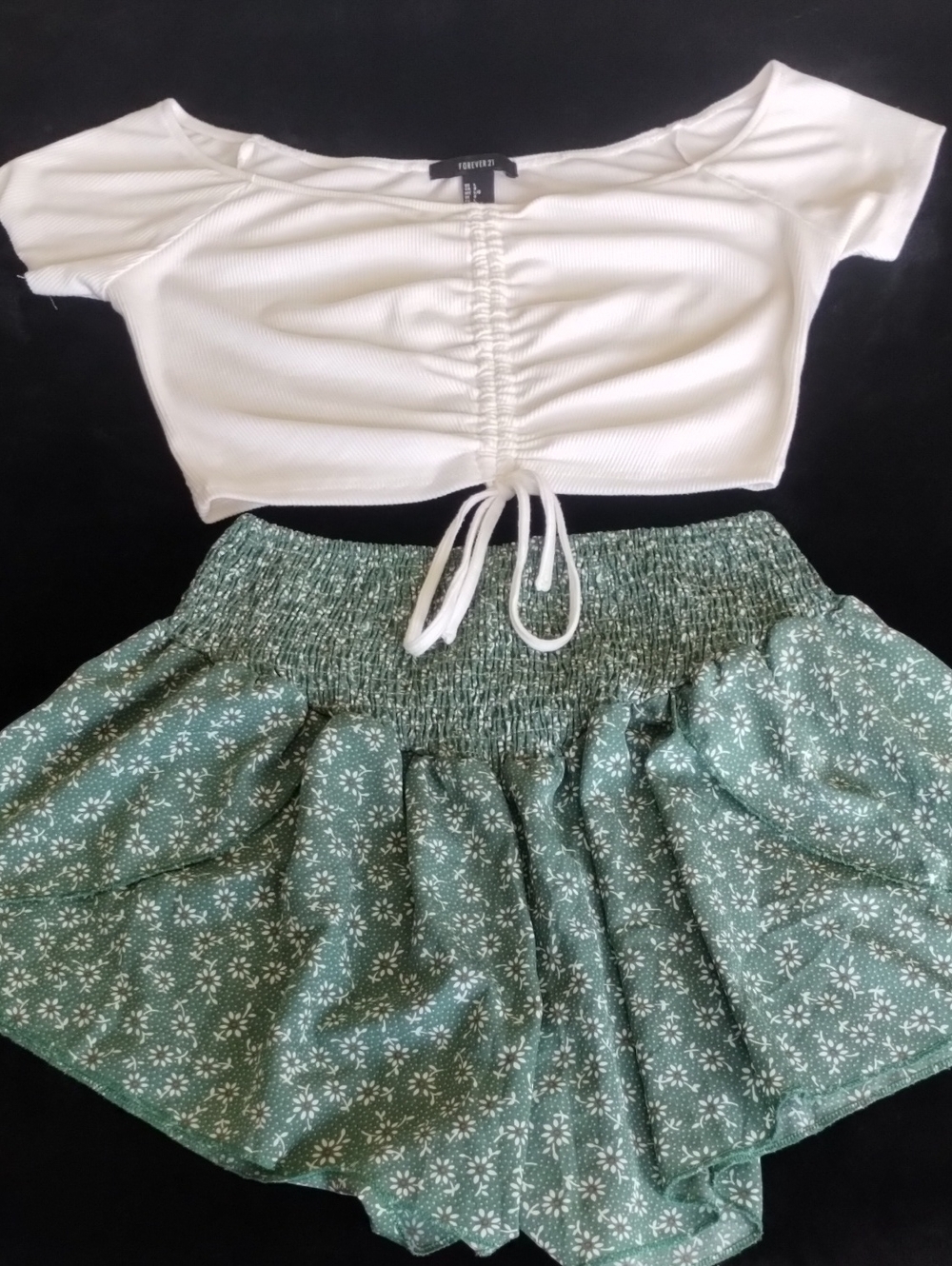 Forever 21 White Ruched Crop Top & Green  Floral Flowy Shorts Set